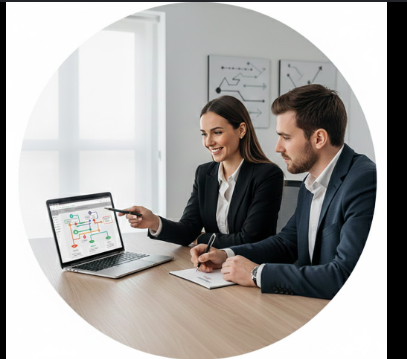 Business professionals collaborating on software and business solutions